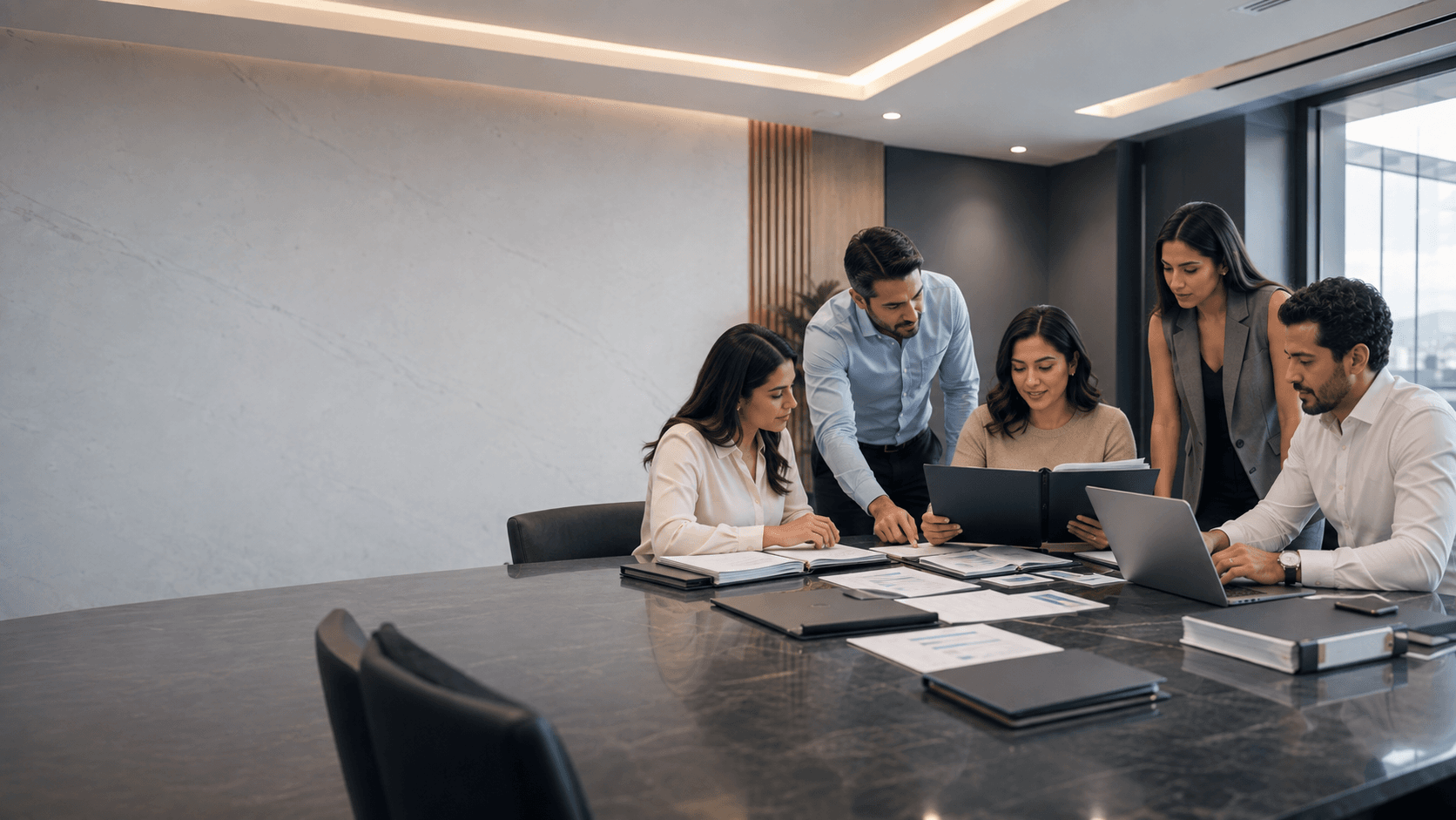 Equipo empresarial revisando documentación y estrategias para participar en contrataciones públicas