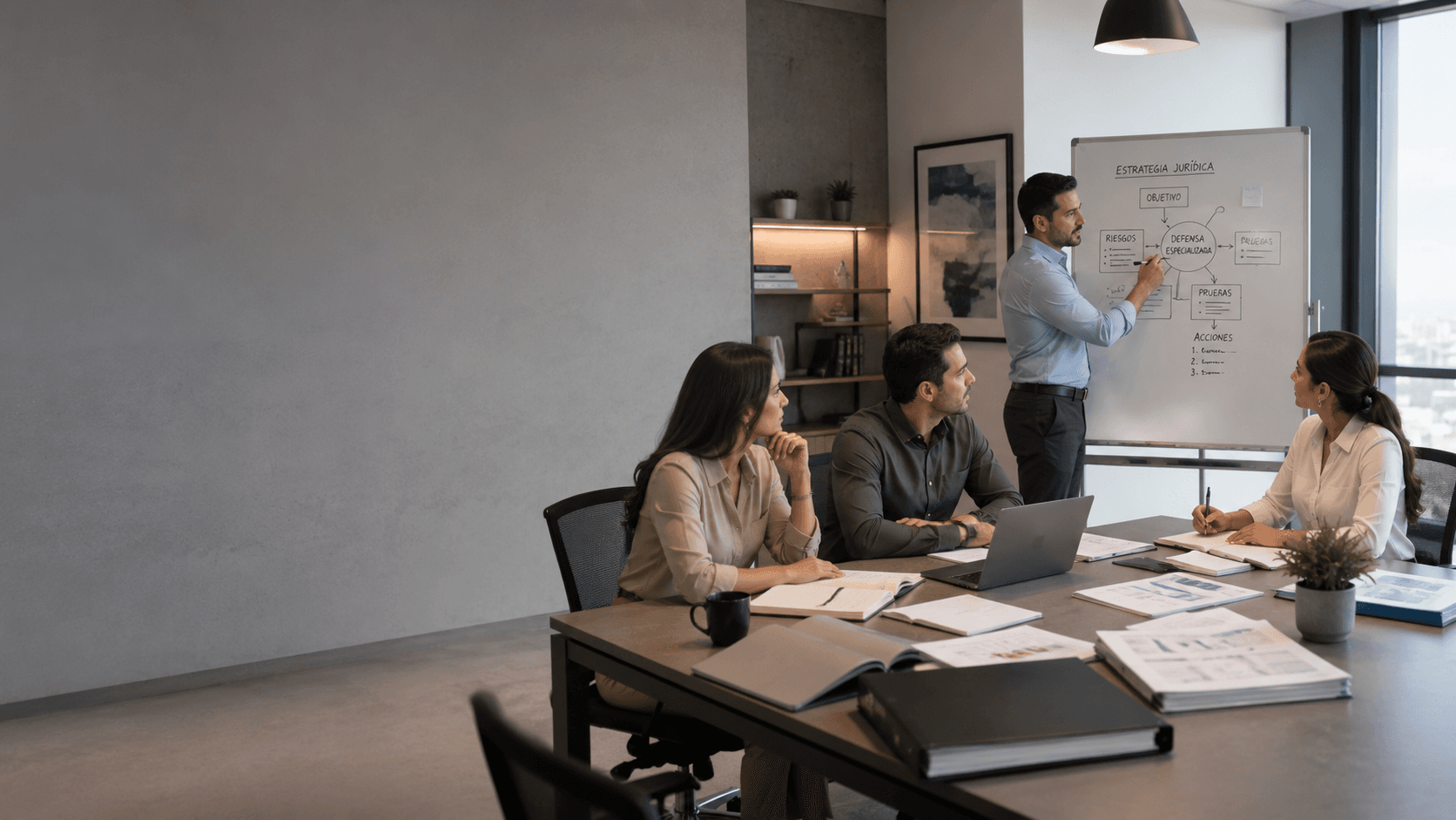 Equipo jurídico definiendo una estrategia de defensa especializada en contrataciones públicas