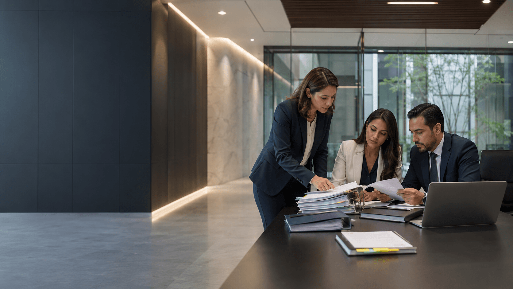Equipo corporativo revisando documentos y expedientes de contratación en un entorno profesional